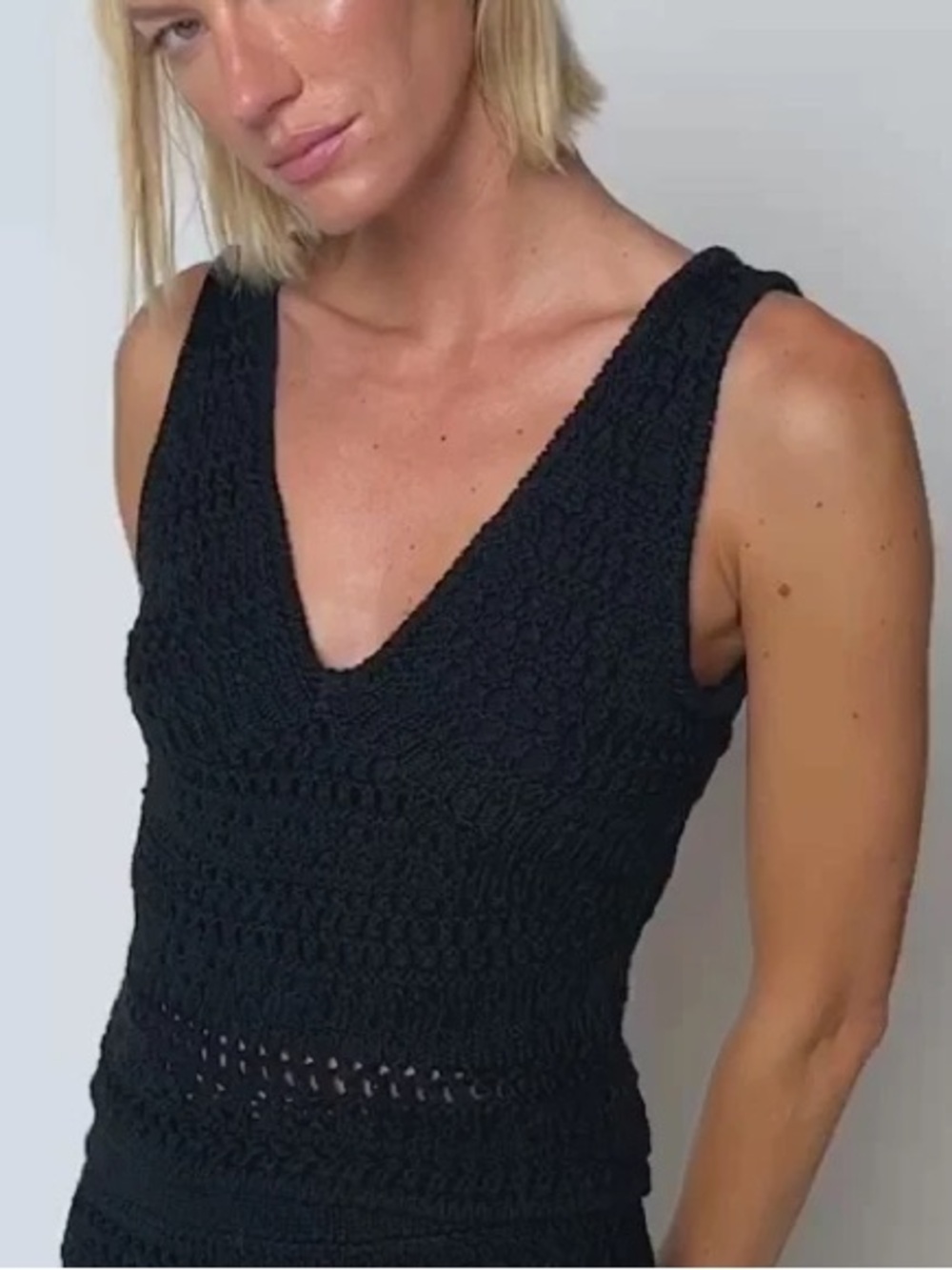 Nation LTD Adriana Crochet Tank Top Size L Black 100% Pima Cotton V-Neck Knit
